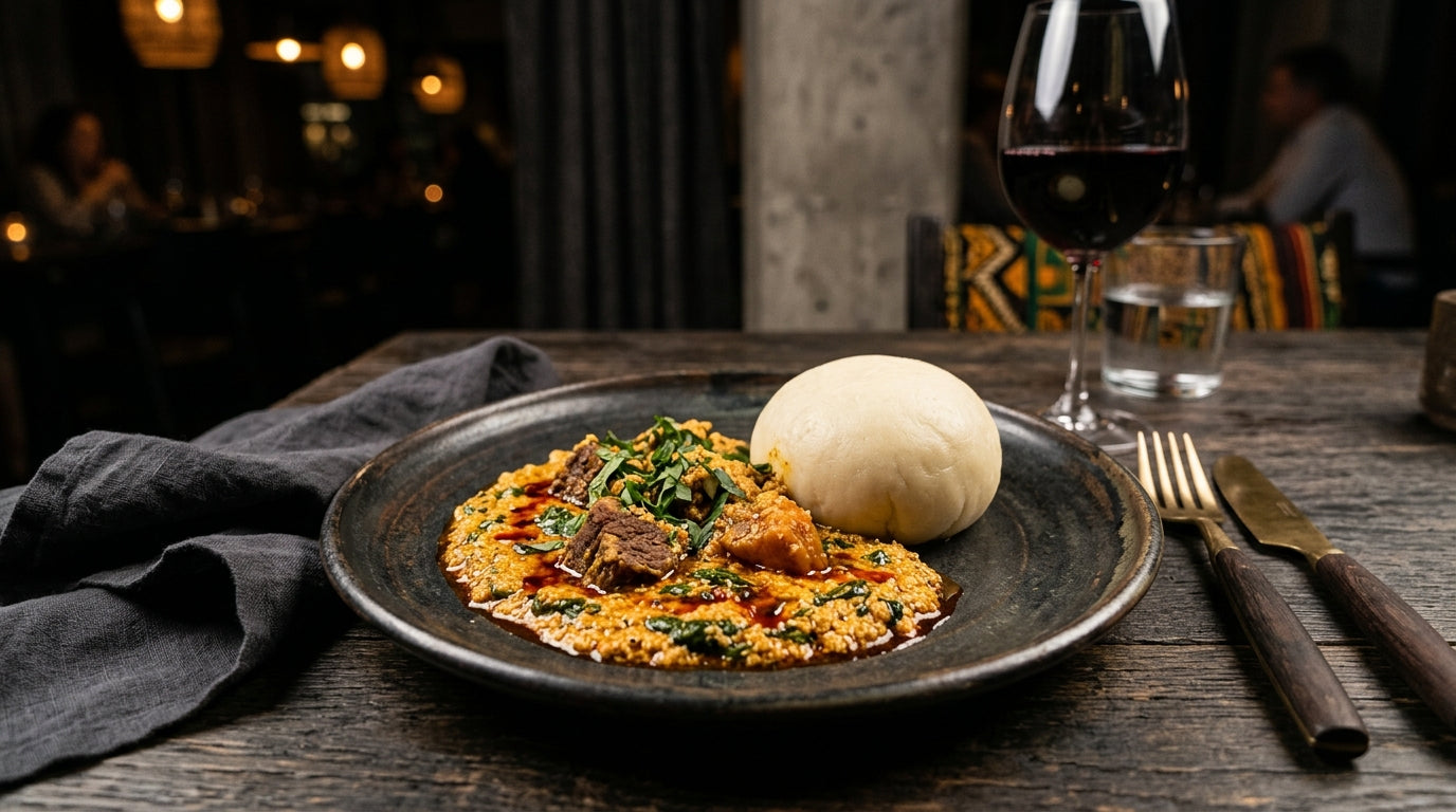 Egusi soup served with pounded yam