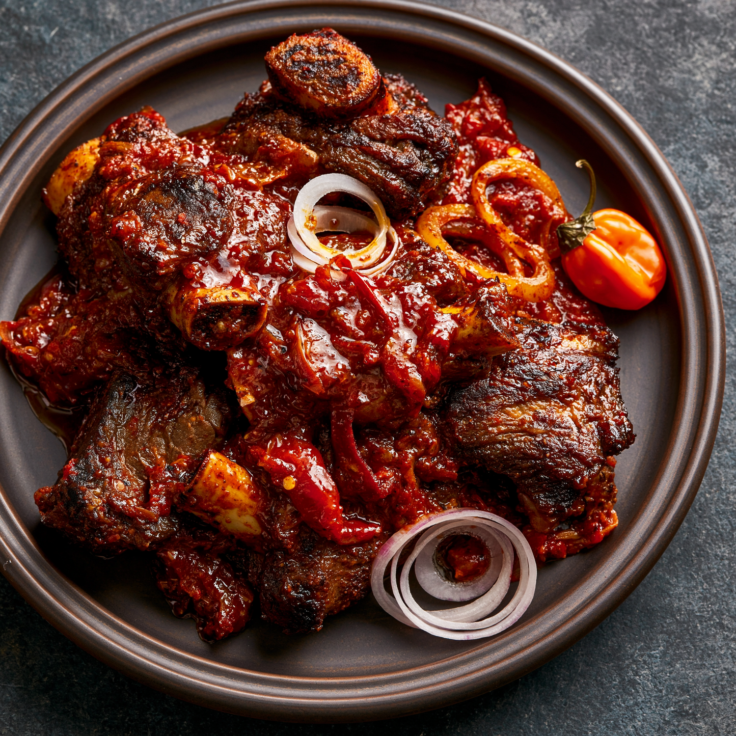 Spicy goat meat in spicy sauce.