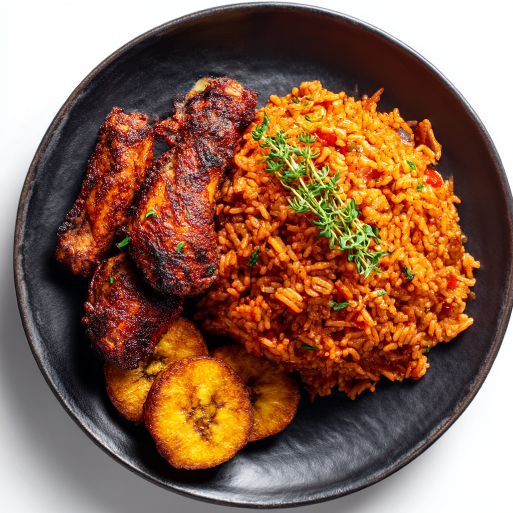 Grass Key's OG's jollof rice, fried plantains, and roasted suya spicy chicken.