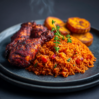 Grass Key's OG's jollof rice, fried plantains, and roasted suya spicy chicken.