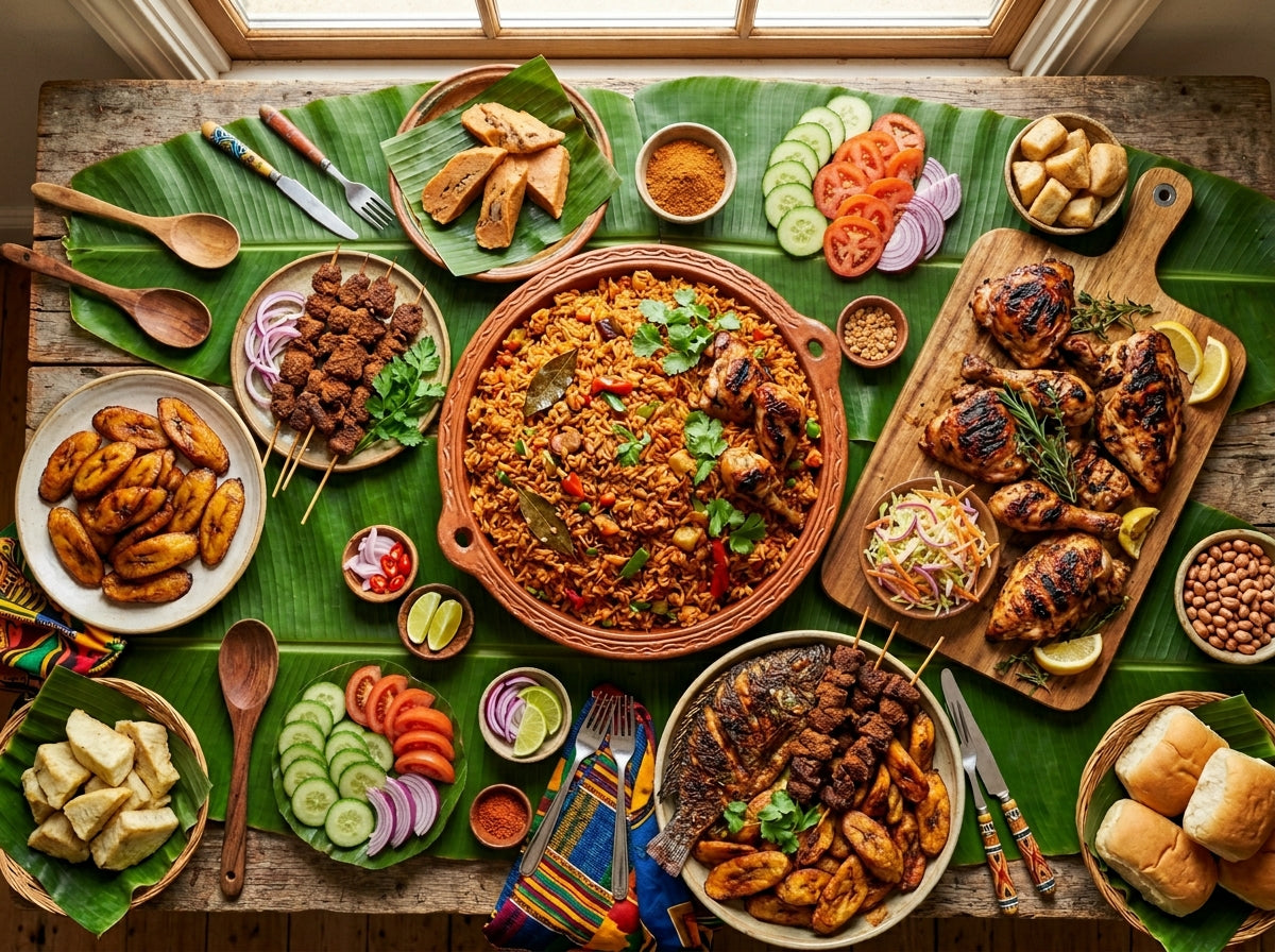 West African feast laid out on a table, freshly prepared by Grass Key